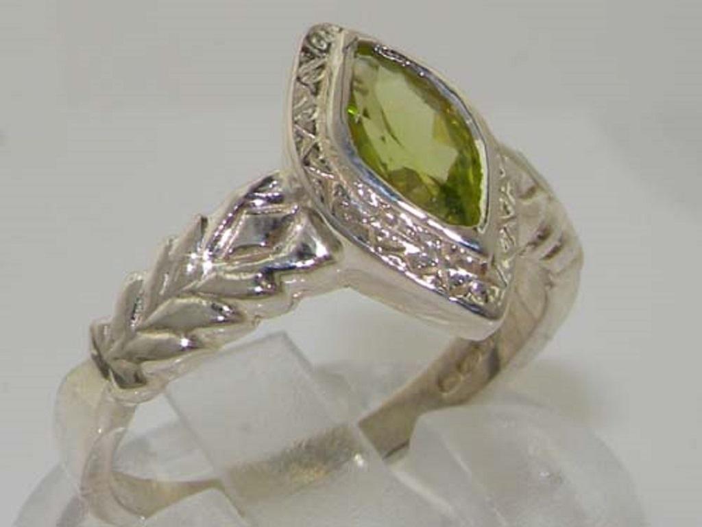 For Sale:  Solid Sterling Silver Marquise Cut Natural Peridot Solitaire Ring Customizable 2