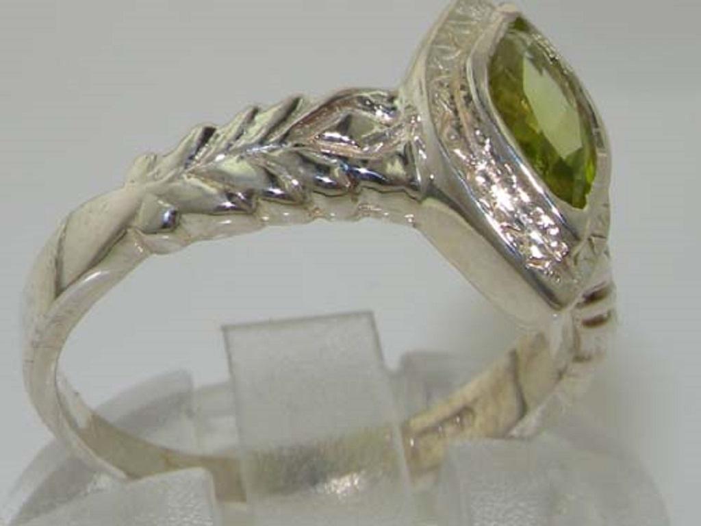 For Sale:  Solid Sterling Silver Marquise Cut Natural Peridot Solitaire Ring Customizable 4