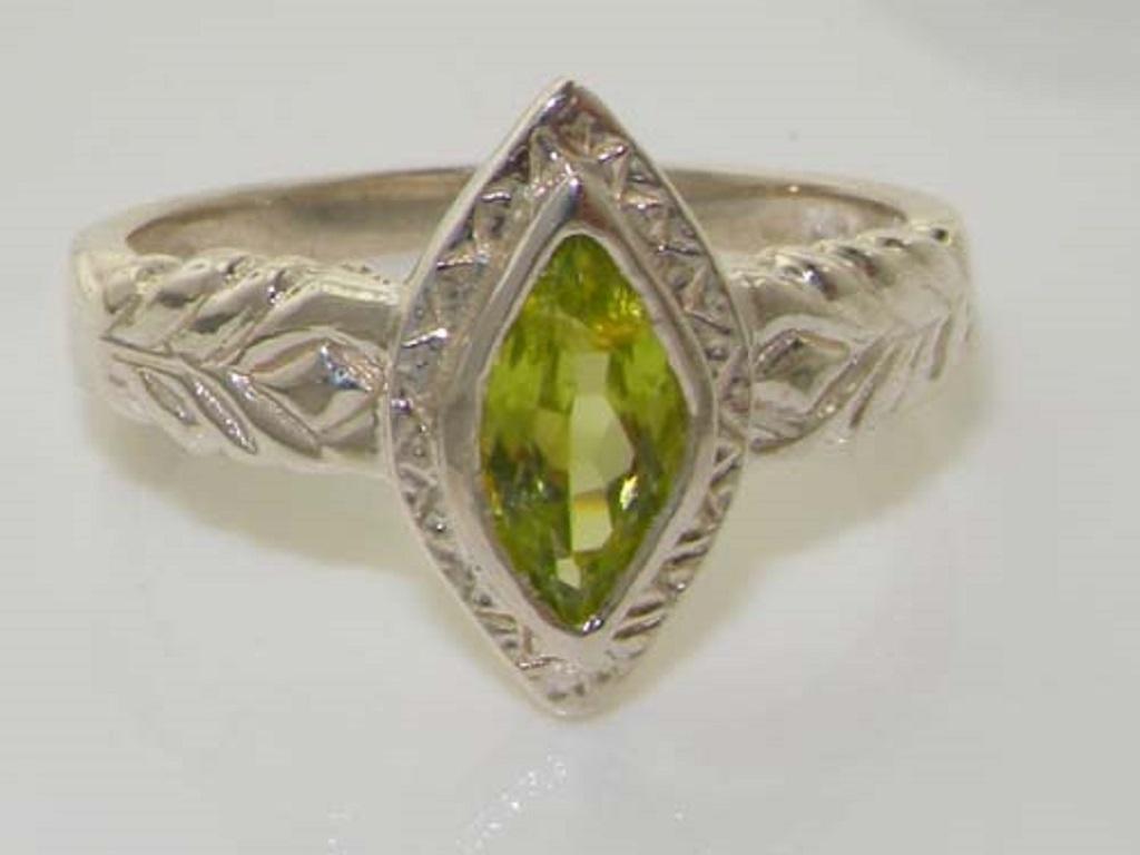 For Sale:  Solid Sterling Silver Marquise Cut Natural Peridot Solitaire Ring Customizable 6