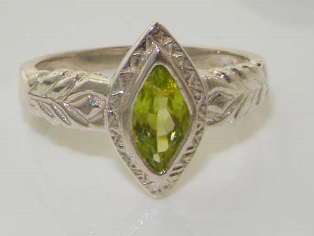 En venta: Anillo solitario de plata de ley maciza con peridoto natural de talla marquesa Personalizable  6