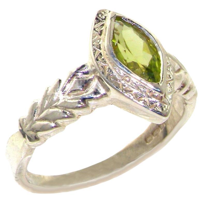 For Sale:  Solid Sterling Silver Marquise Cut Natural Peridot Solitaire Ring Customizable