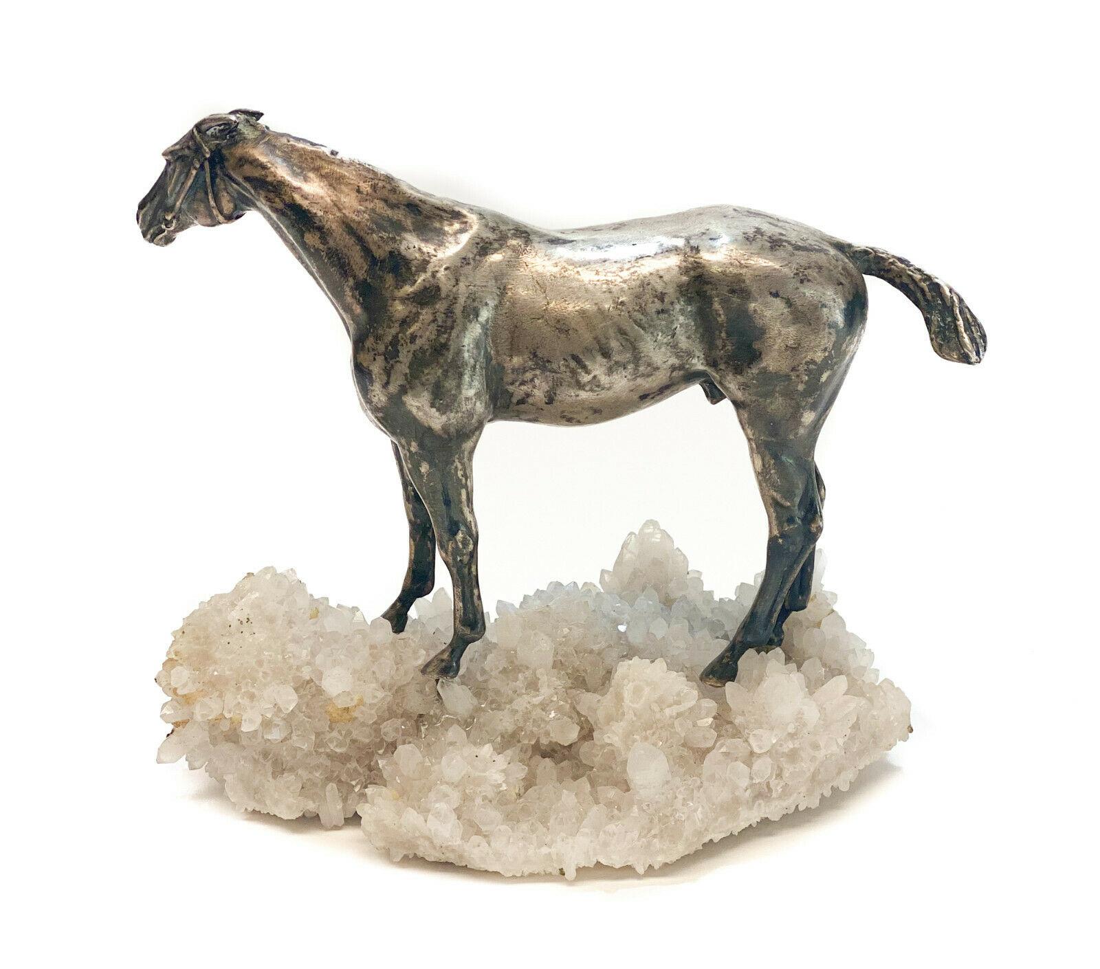 Solid Sterling Silver on Rock Crystal Geode Horse Stallion Figurine In Good Condition For Sale In Pasadena, CA
