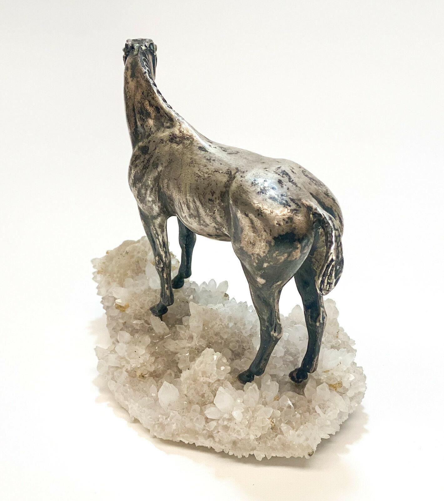 Early 20th Century Solid Sterling Silver on Rock Crystal Geode Horse Stallion Figurine For Sale