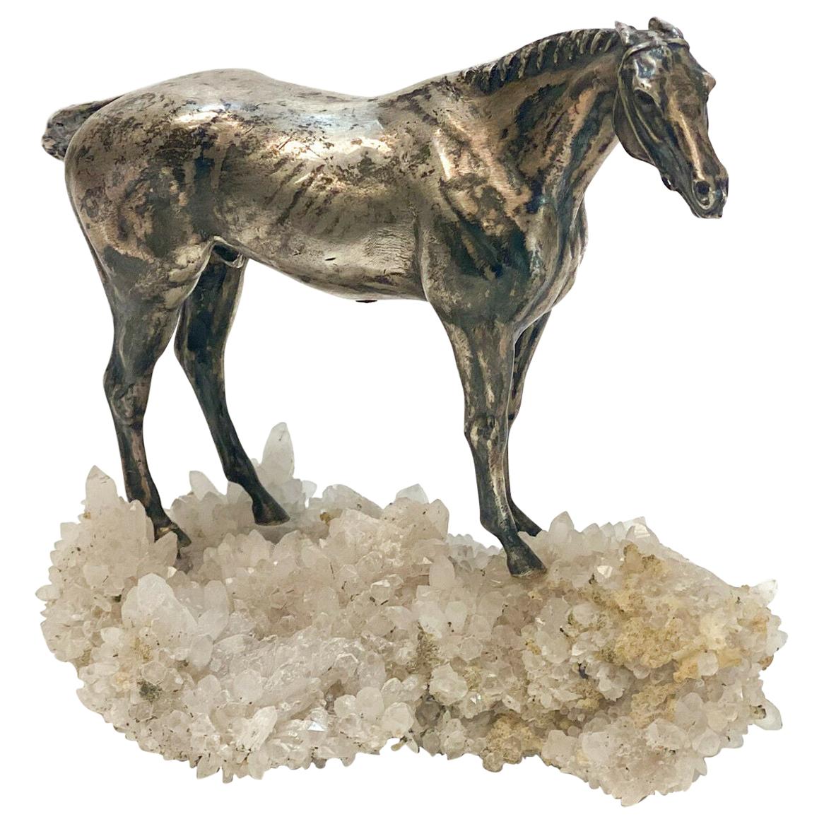 Solid Sterling Silver on Rock Crystal Geode Horse Stallion Figurine For Sale