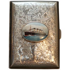 Antique Solid Sterling Silver Ship Nautical Cigarette Case 53.2 Grams Nielloware