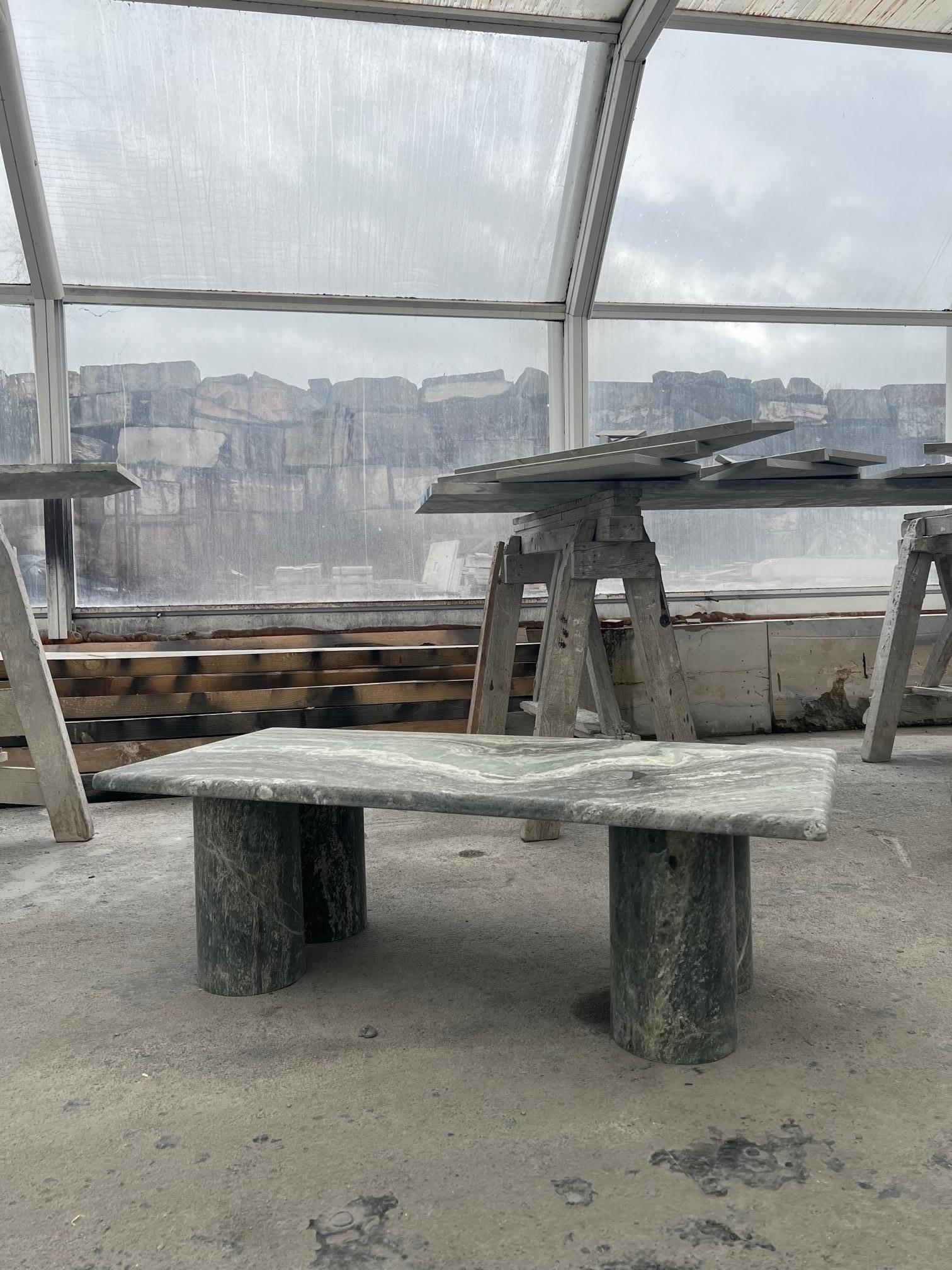 Mid-Century Modern Solid Stone Green Marble Rectangle Coffee Table with Cylinder Column Legs For Sale