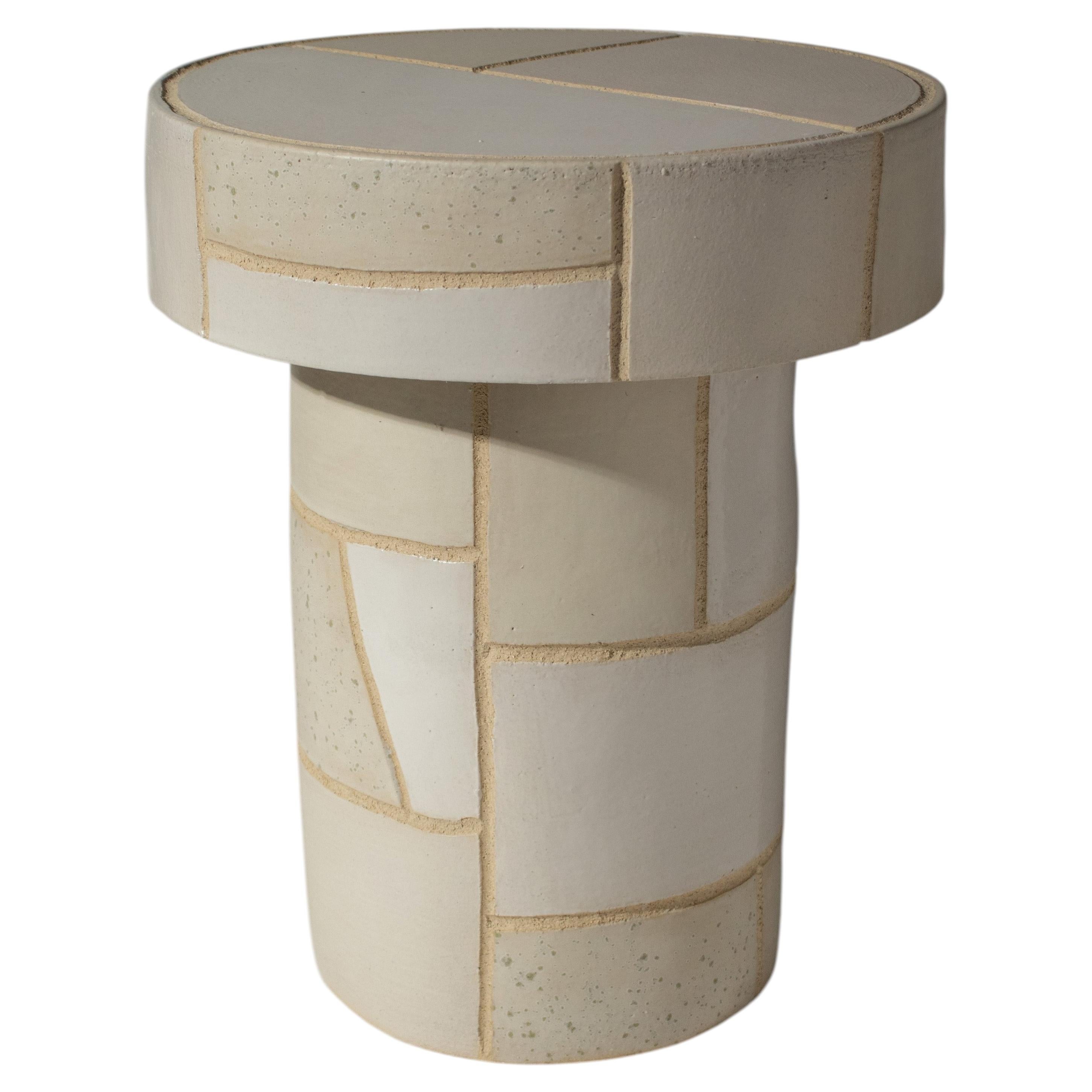 Solid Stoneware Cream Patchwork Side Table with Hand-Carved Mosaic Surface For Sale
