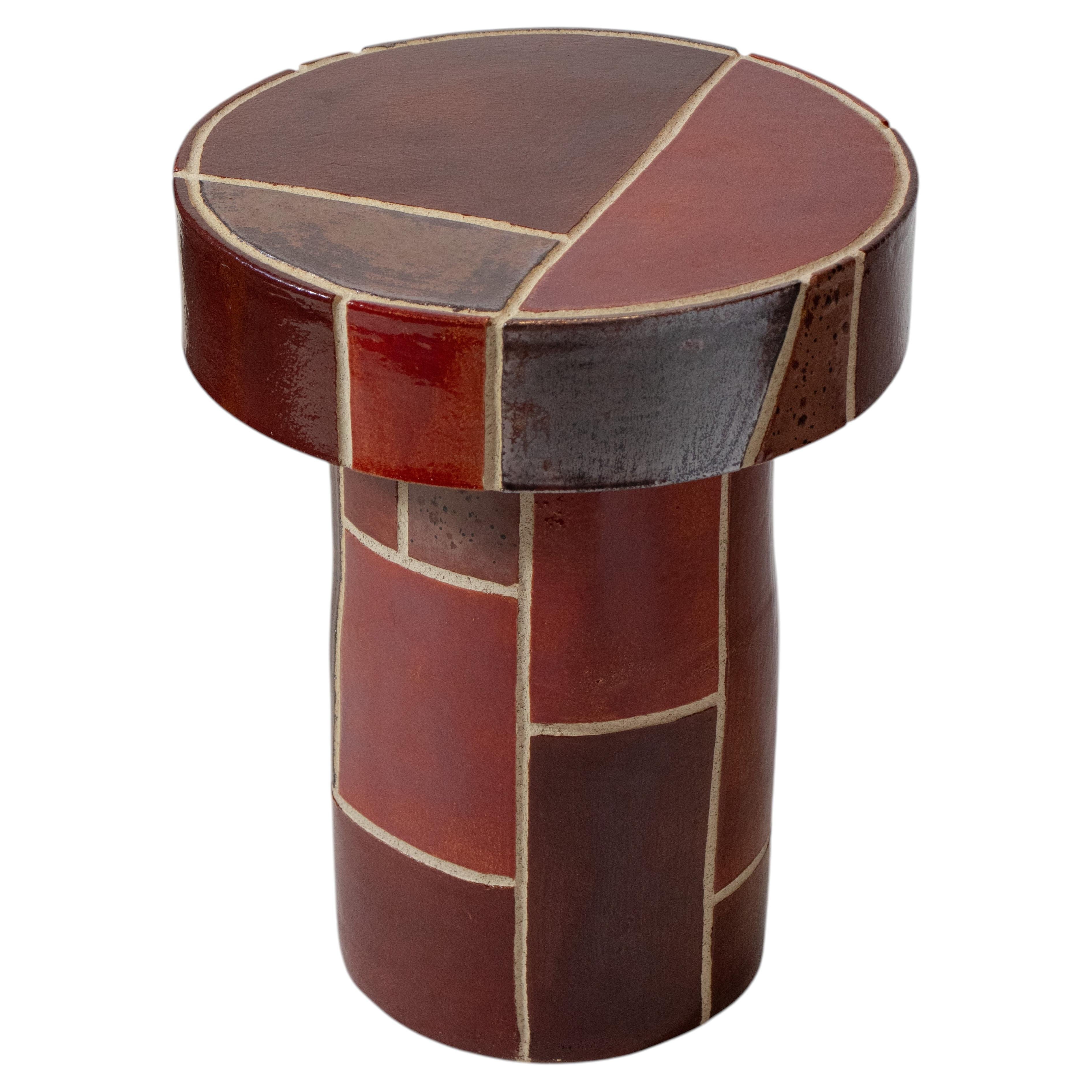 Solid Stoneware Red Patchwork Side Table with Hand-Carved Mosaic Surface For Sale