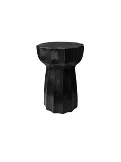 Solid Suar Wood Round Side Table Modern Organic, Burnt Finish
