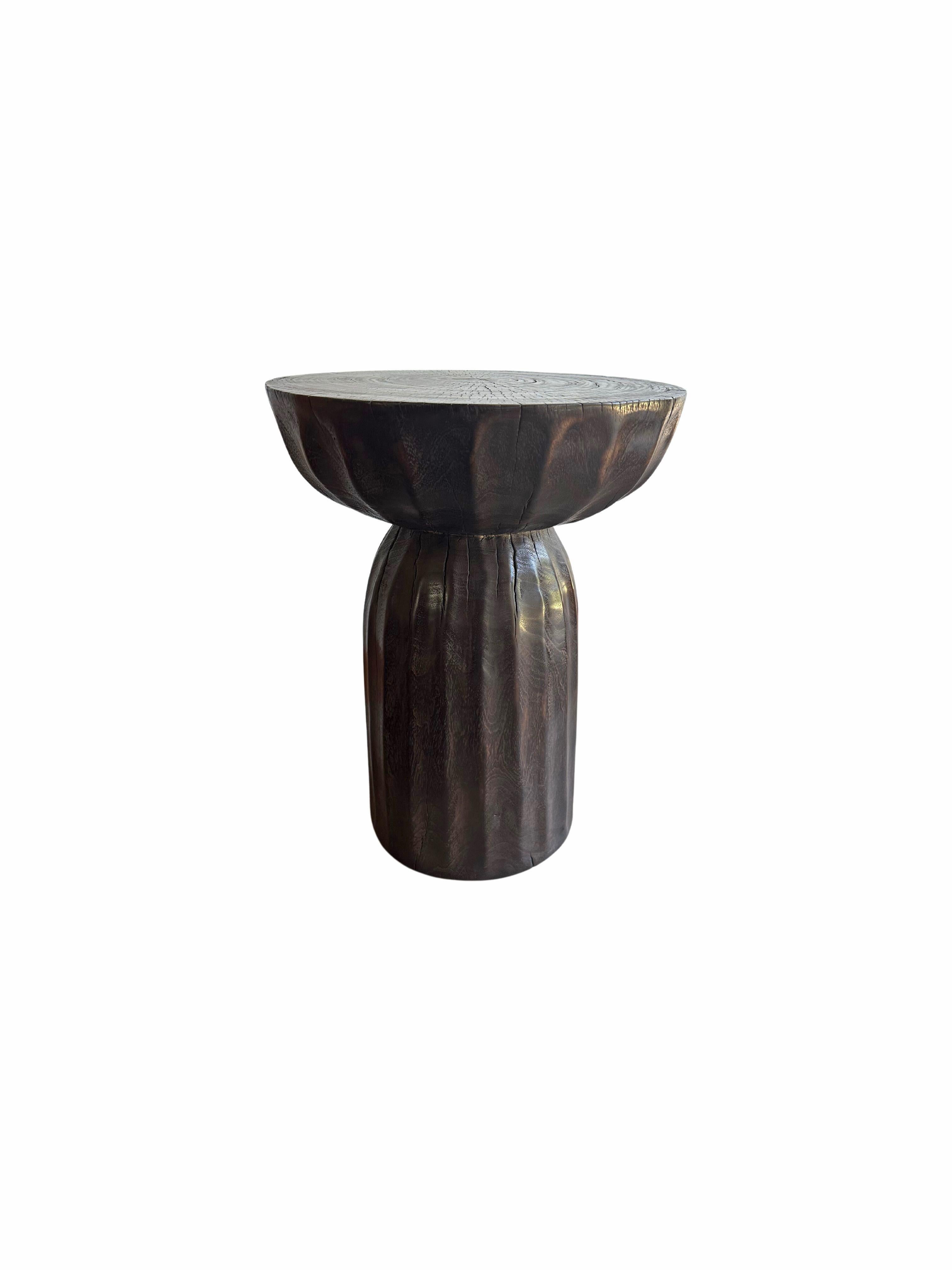 Hand-Crafted Solid Suar Wood Round Side Table Modern Organic
