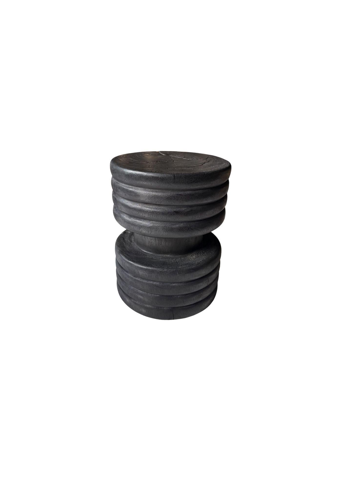 Organic Modern Solid Suar Wood Side Table, Ribbed Detailing Modern Organic, Burnt Finish For Sale