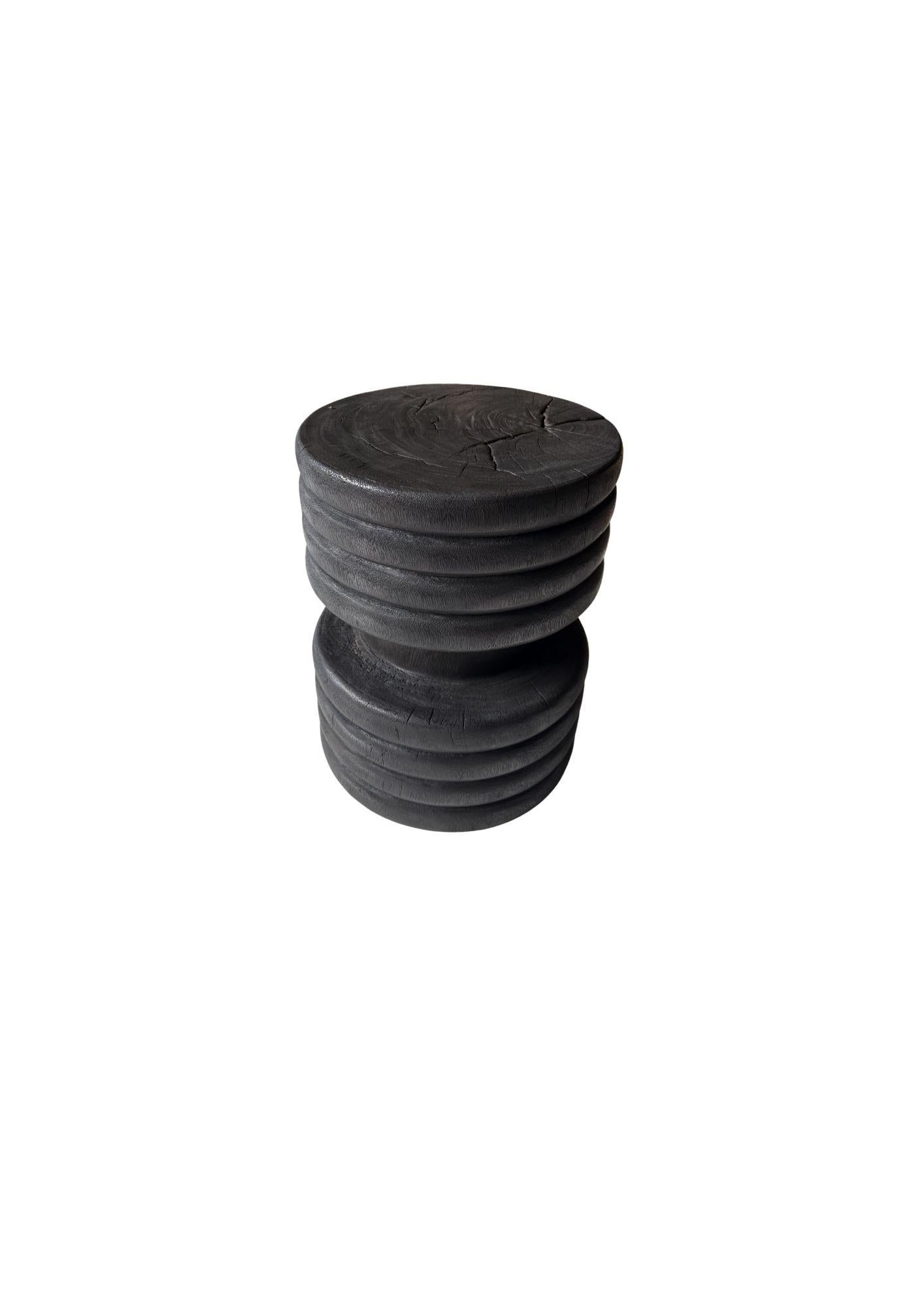 Indonesian Solid Suar Wood Side Table, Ribbed Detailing Modern Organic, Burnt Finish For Sale
