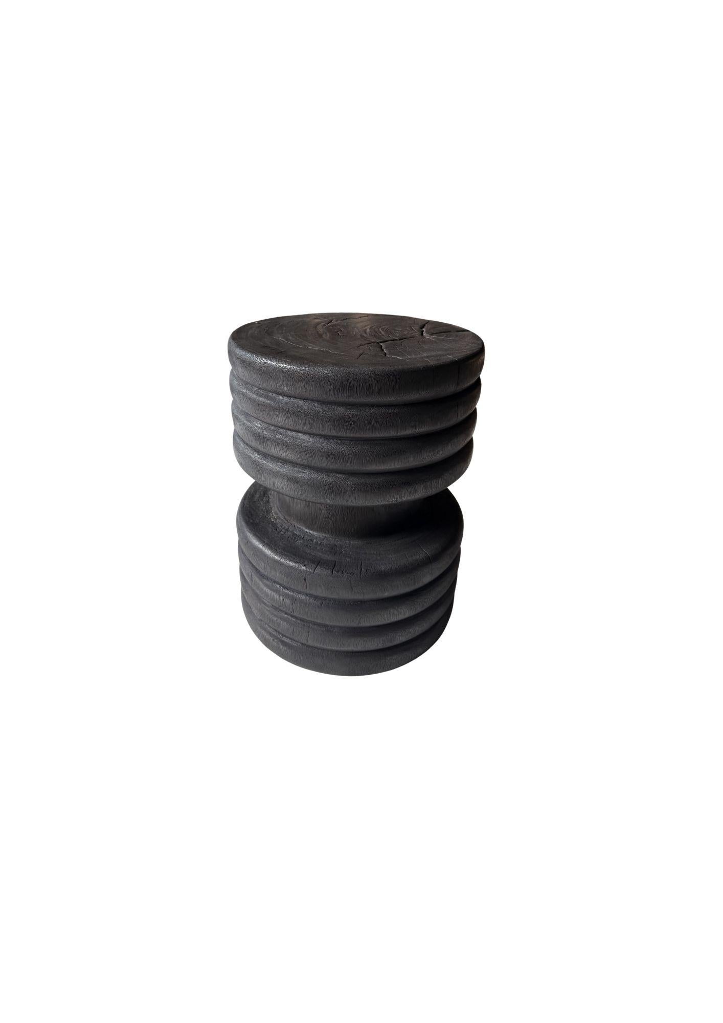 Hand-Crafted Solid Suar Wood Side Table, Ribbed Detailing Modern Organic, Burnt Finish For Sale