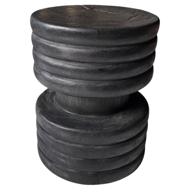 Solid Suar Wood Side Table, Ribbed Detailing Modern Organic, Burnt Finish For Sale
