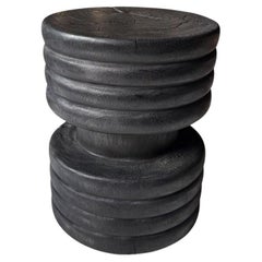 Solid Suar Wood Side Table, Ribbed Detailing Modern Organic, Burnt Finish