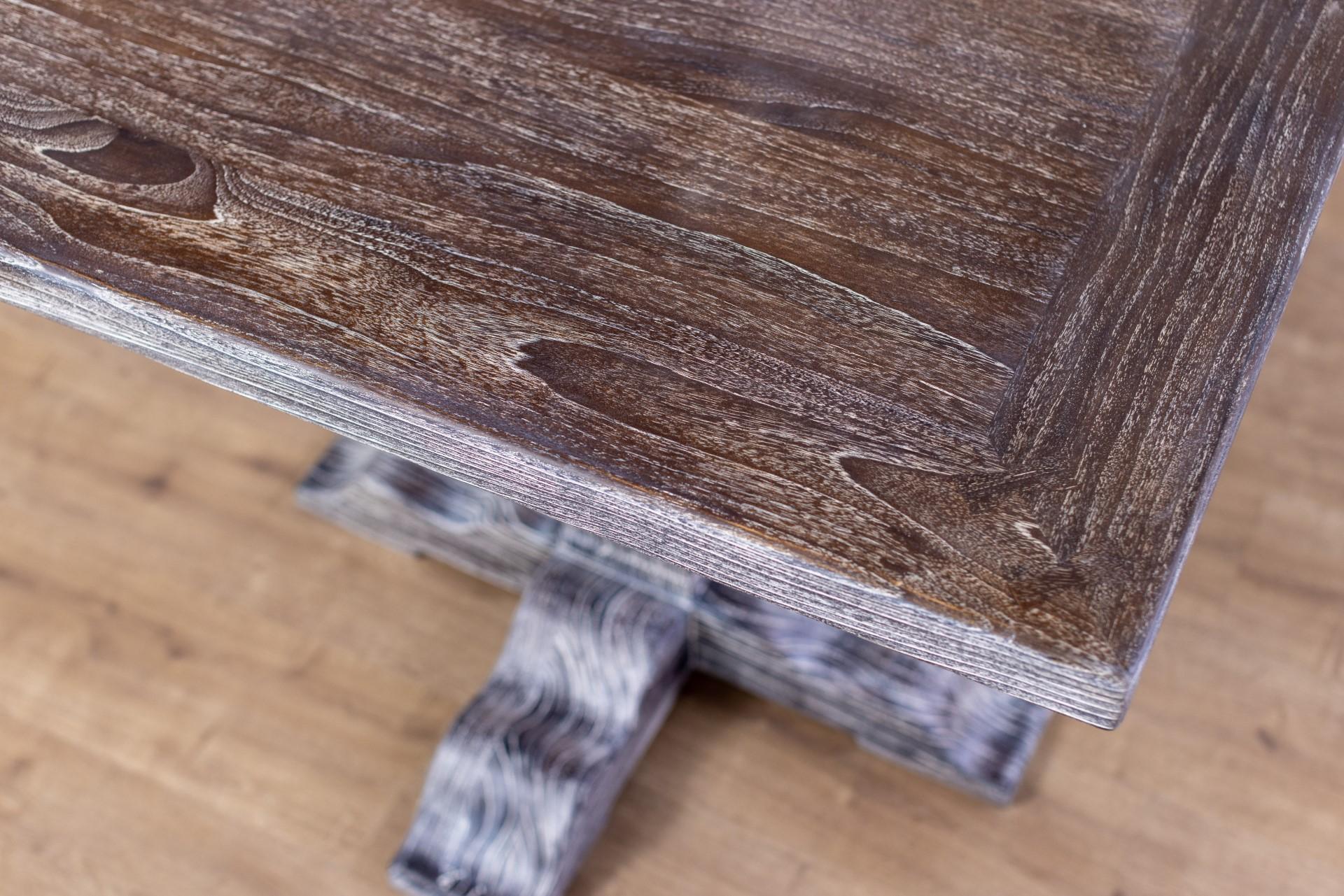Great for small space living, this beautiful weathered gray, solid teak square table has the elegance of a refectory table reduced to a perfect size for a kitchen nook. The top is 2