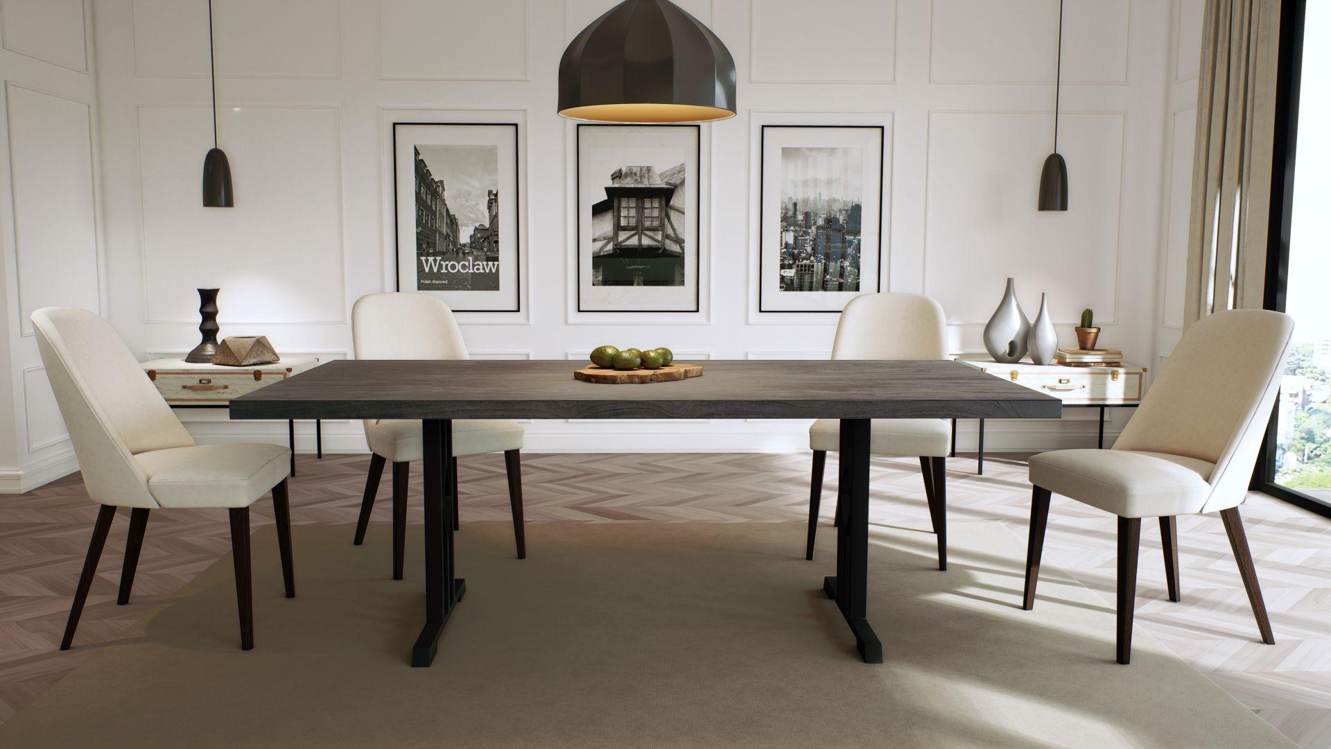 Mesa de Comedor de Teca Maciza Antracita sobre Patas de Metal Negro Tailandés en venta