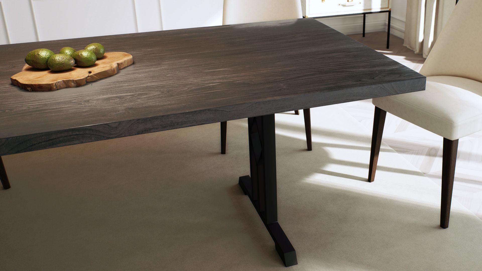 Mesa de Comedor de Teca Maciza Antracita sobre Patas de Metal Negro Hecho a mano en venta