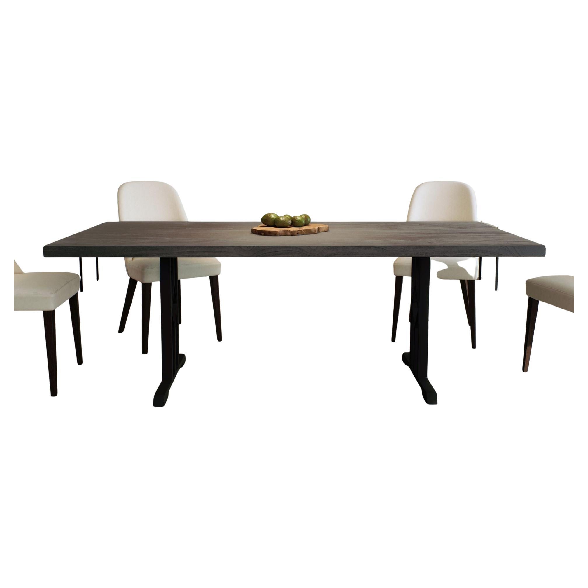 Mesa de Comedor de Teca Maciza Antracita sobre Patas de Metal Negro