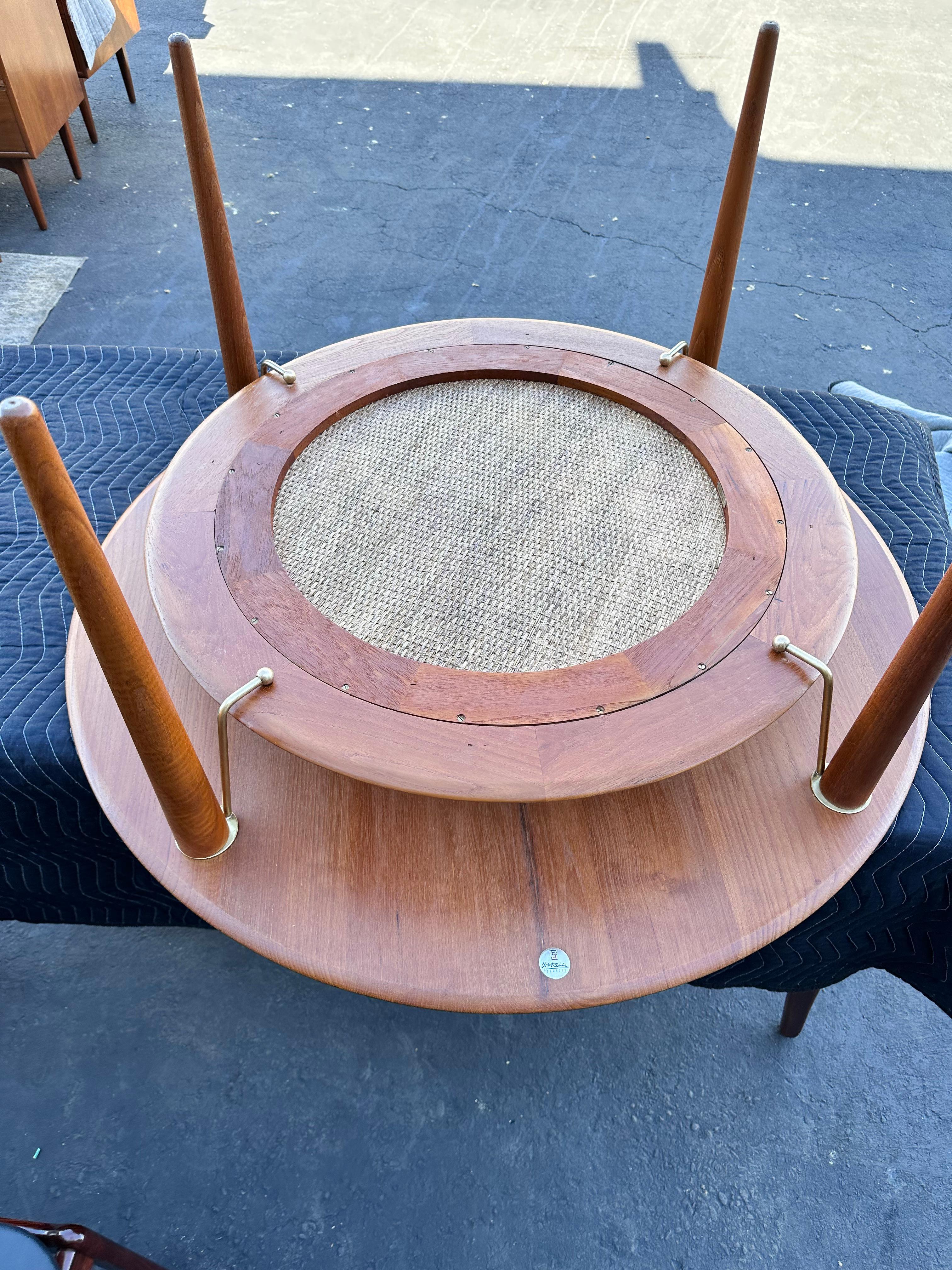 Brass Solid Teak & Cane Danish Modern Round Coffee Table  Peter Hvdit For France & Son For Sale