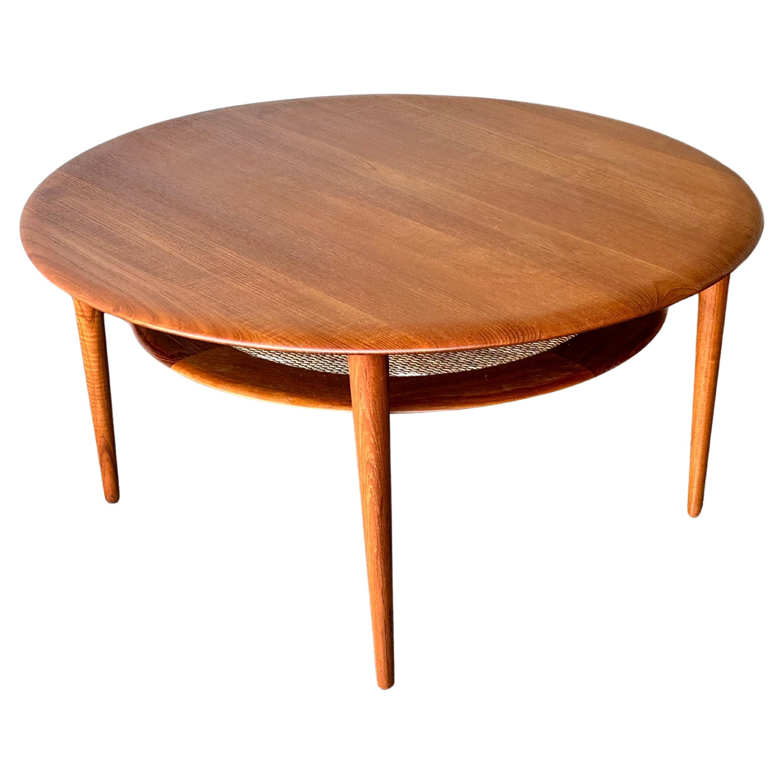 Solid Teak & Cane Danish Modern Round Coffee Table  Peter Hvdit For France & Son For Sale