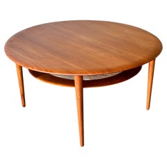 Solid Teak & Cane Danish Modern Round Coffee Table  Peter Hvdit For France & Son