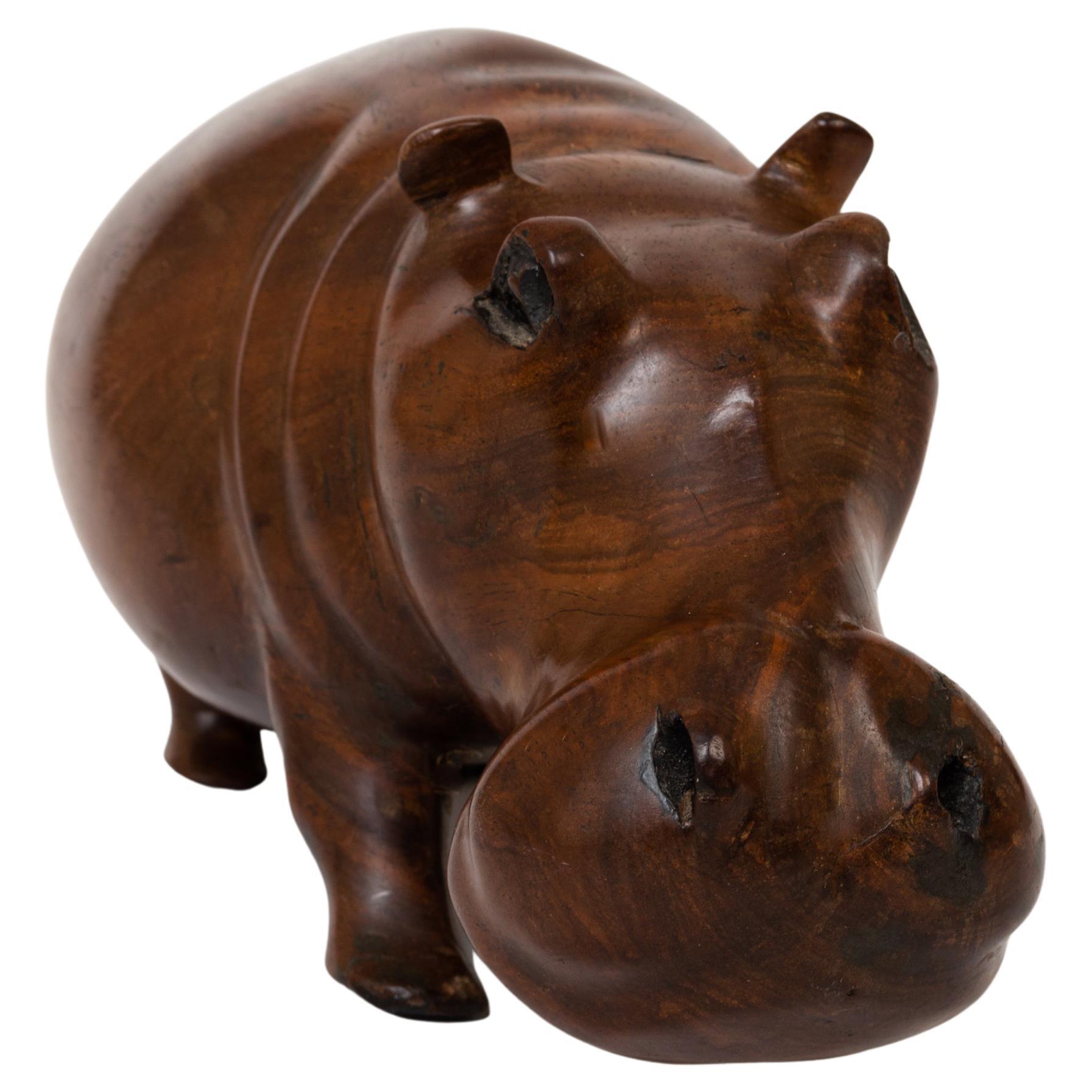 Solid Teak Carved Hippopotamus Sculpture c.1960