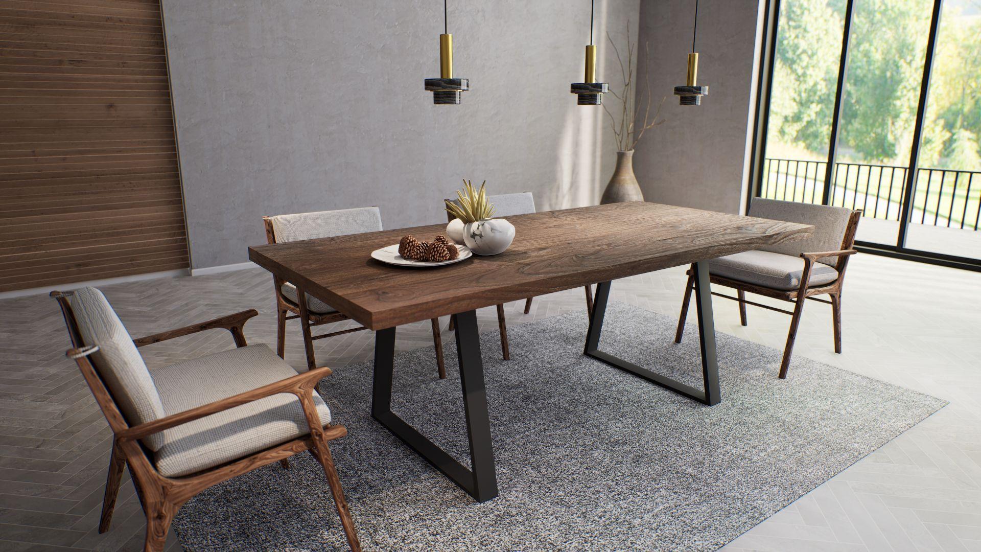 XXIe siècle et contemporain Table de salle à manger en teck massif cacao sur pieds en métal noir en vente