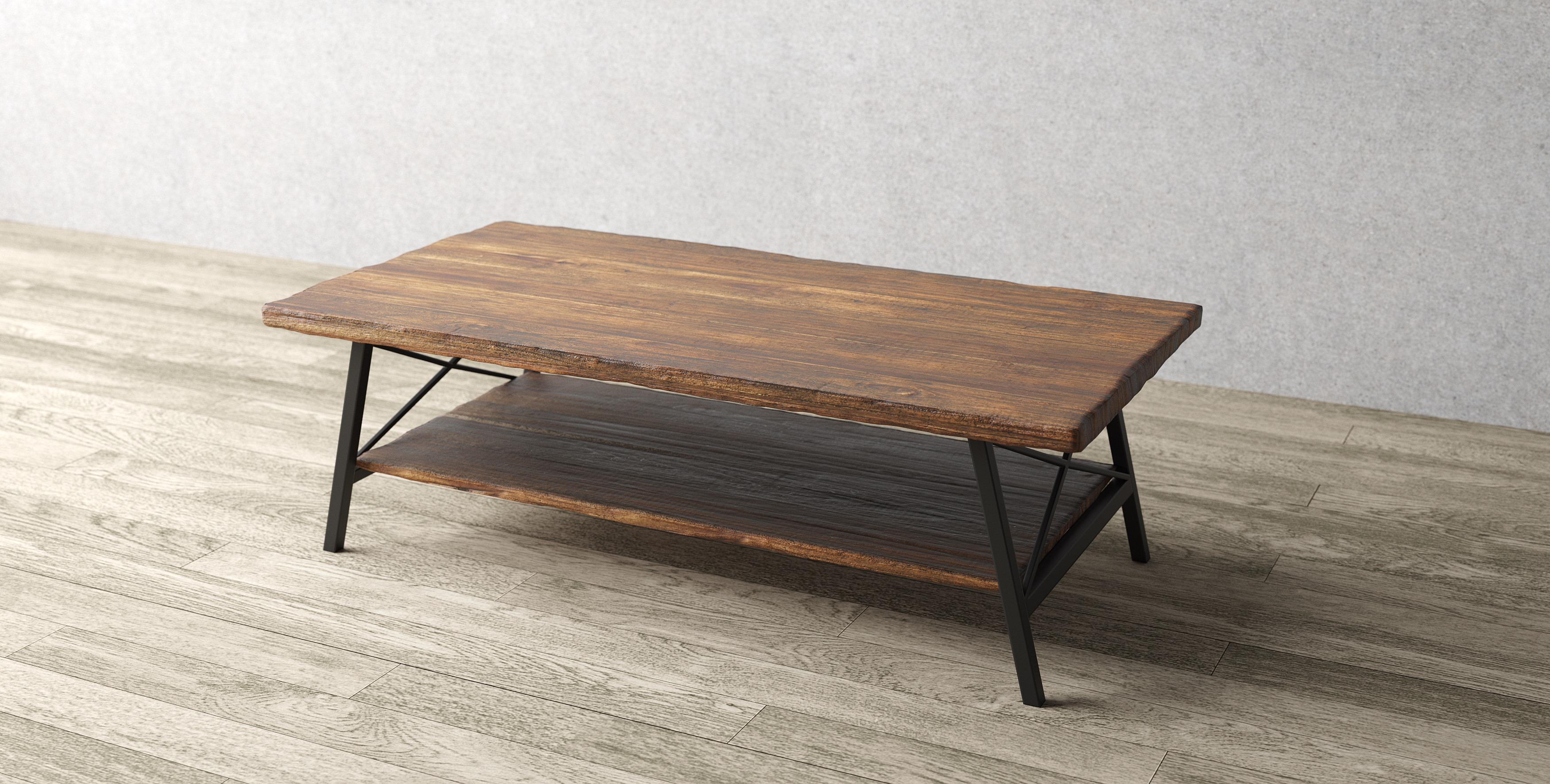 Thai Solid Teak Coffee Table with Lower Shelf and Metal Legs For Sale