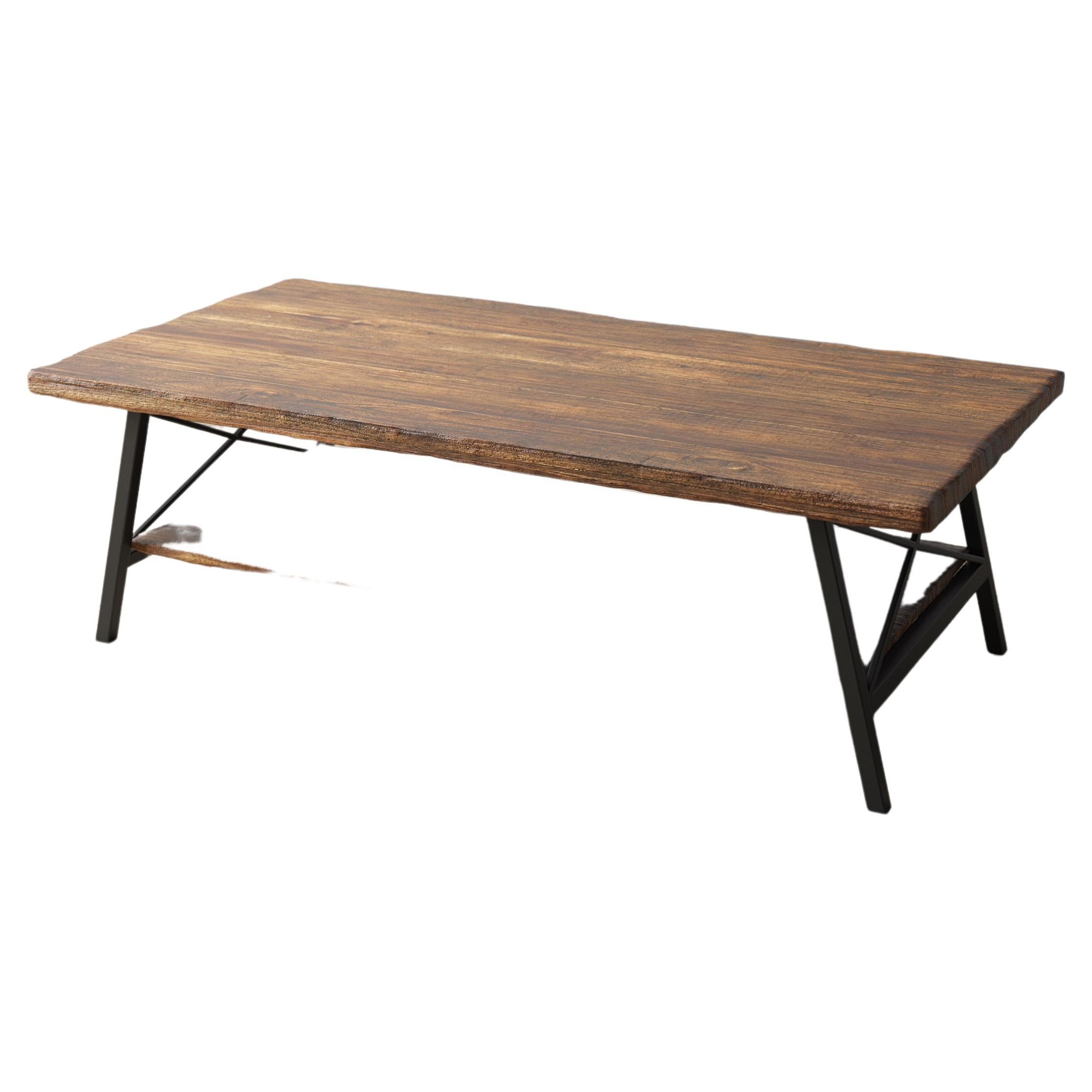 Solid Teak Coffee Table with Lower Shelf and Metal Legs