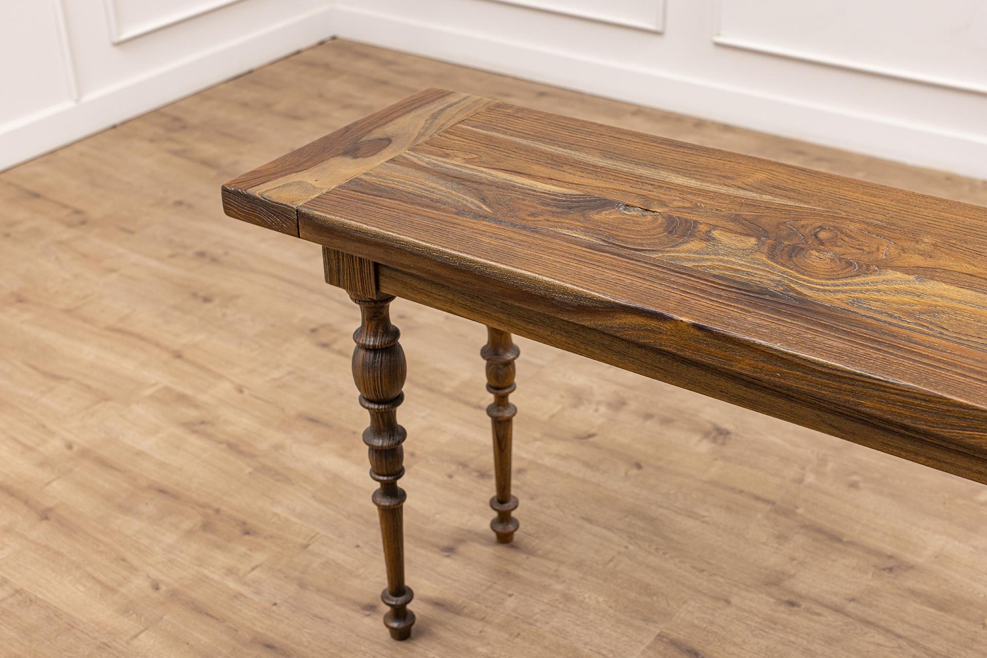 Each piece is individually handcrafted out of 100% solid burmese golden teak. This console table is available in 65