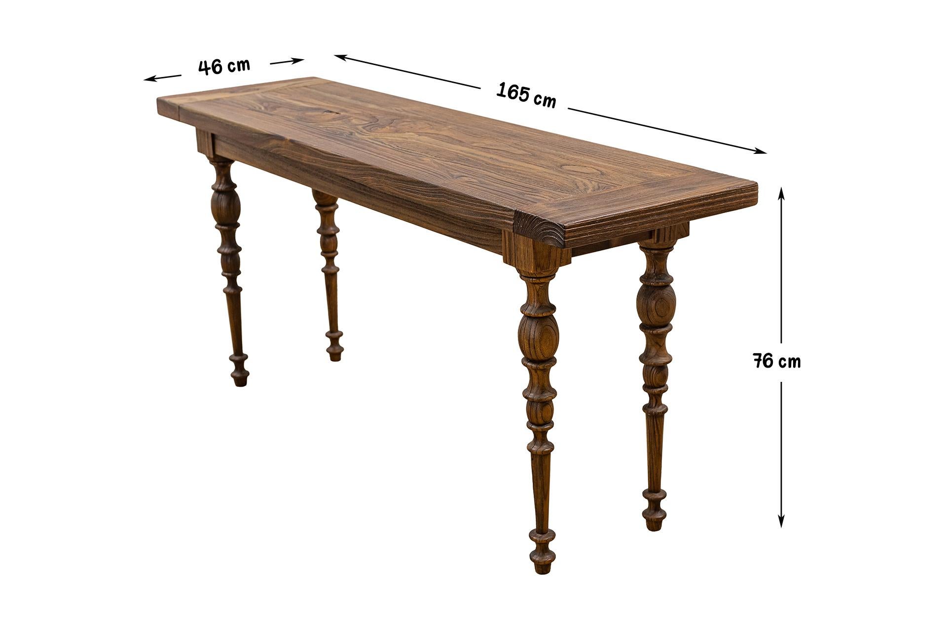Each piece is individually hand-crafted out of 100% solid Burmese Golden Teak. This console table is available in 65