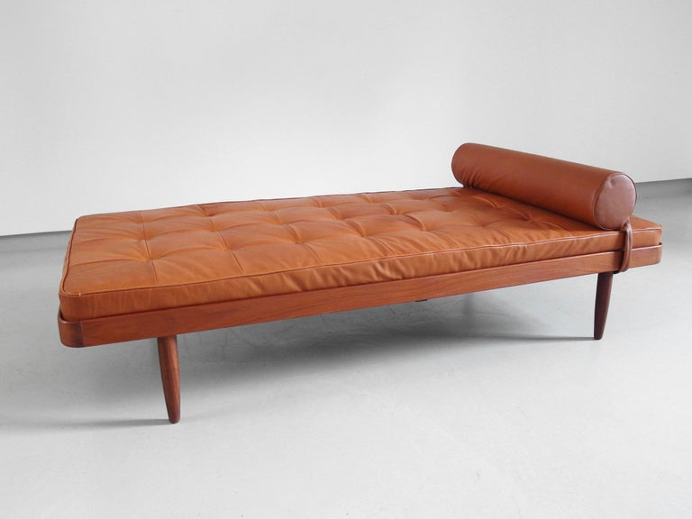 Solid Teak Danish Daybed with Cognac Aniline Leather Mattress, Denmark