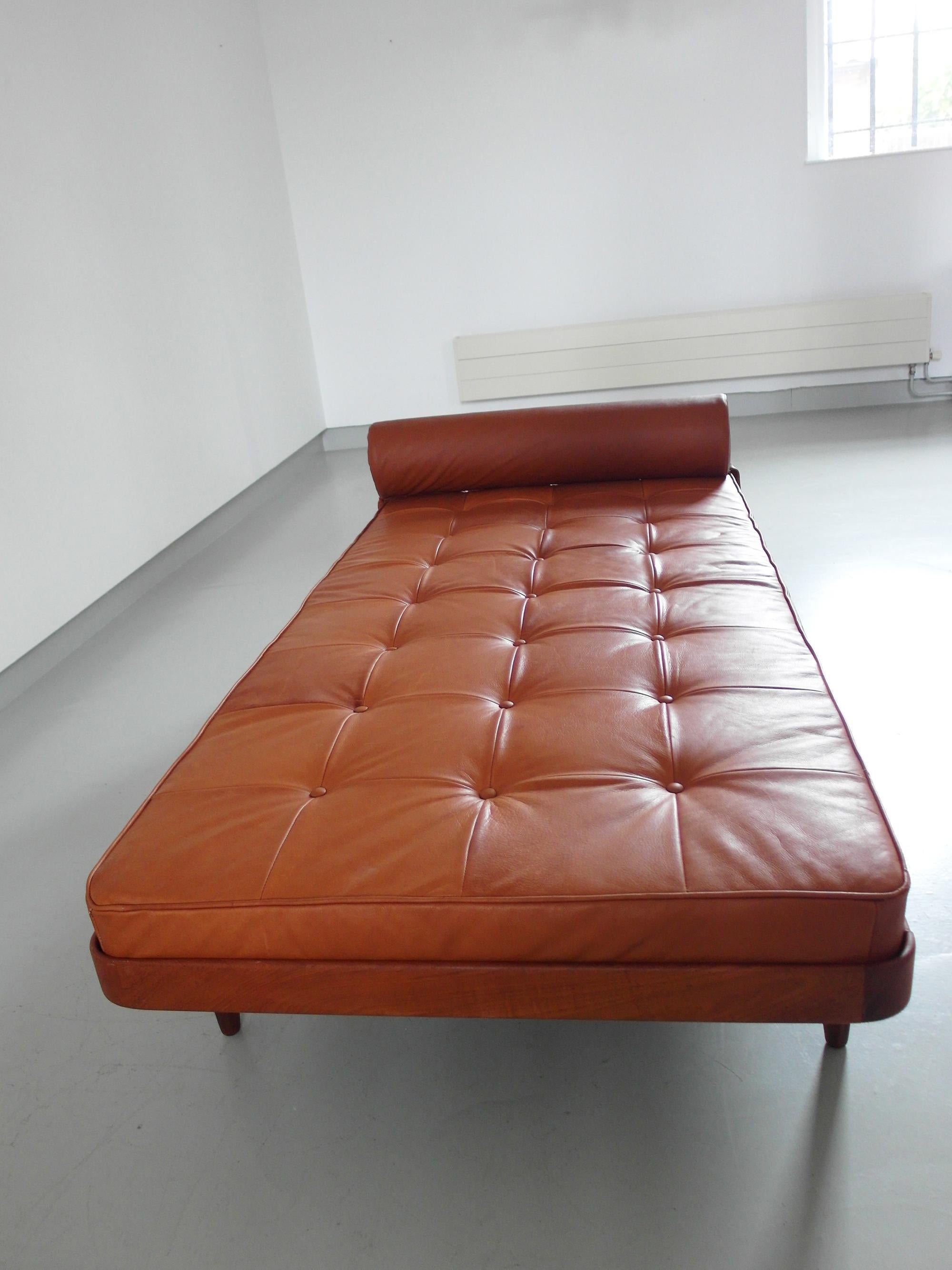 Solid Teak Danish Daybed With Cognac Aniline Leather Mattress