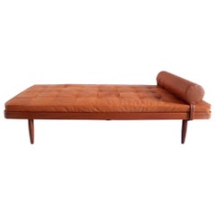 Solid Teak Danish Daybed with Cognac Aniline Leather Mattress, Denmark, 1955