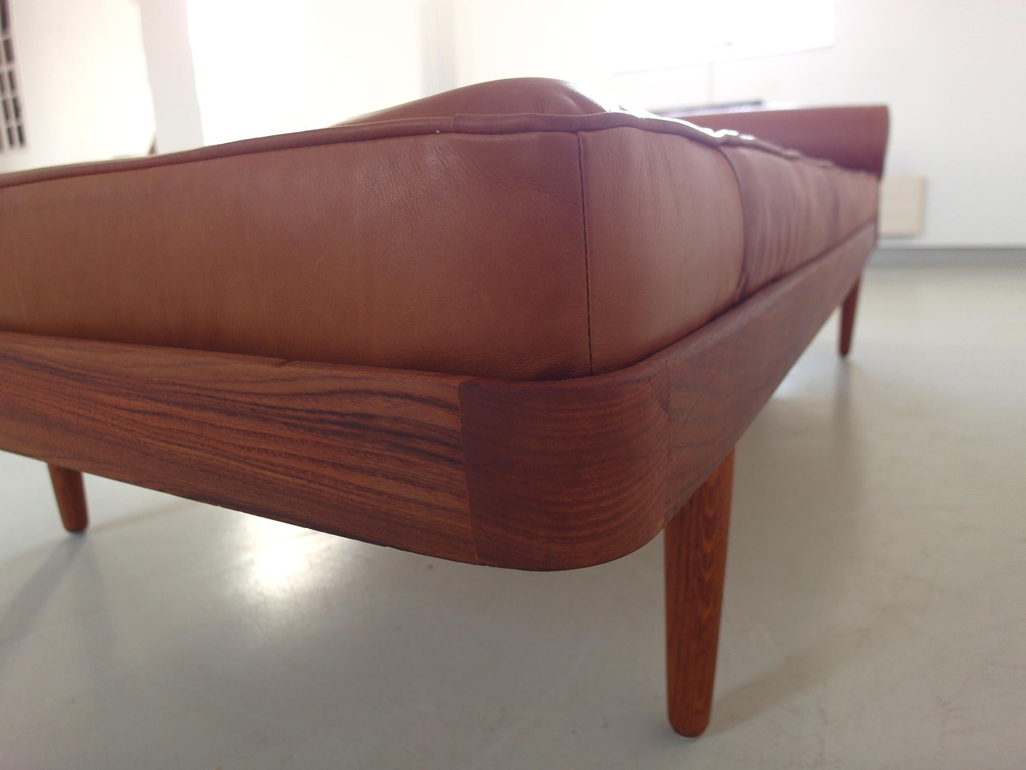 Solid Teak Danish Daybed with Cognac Aniline Leather Mattress Denmark circa 1956 5