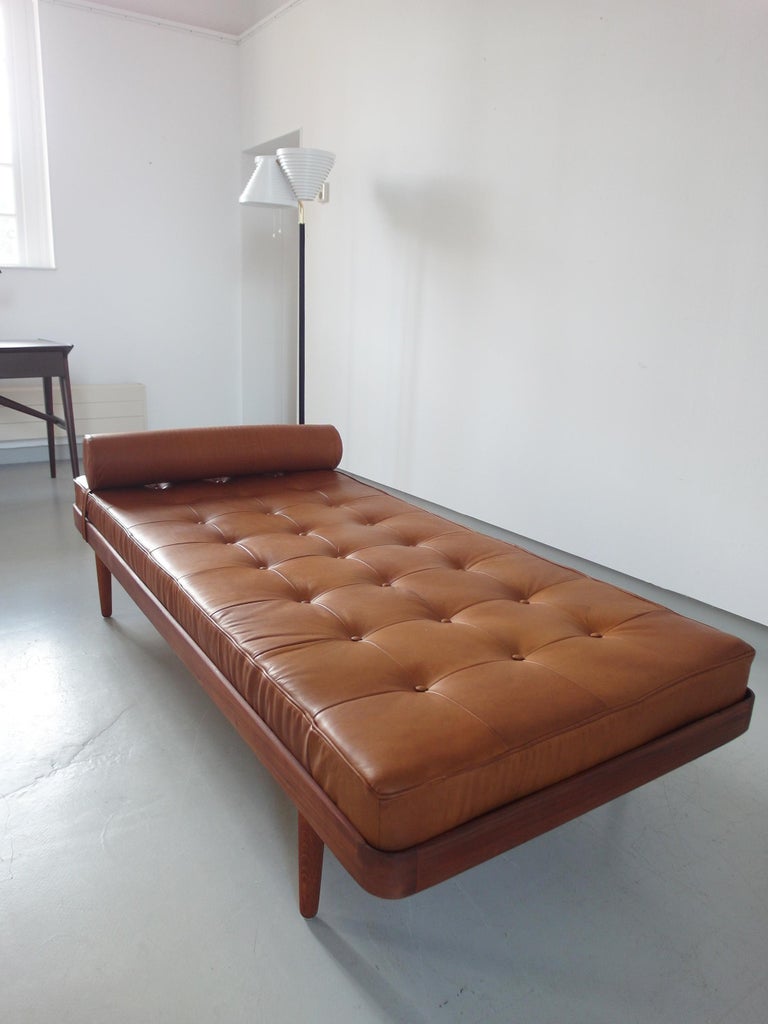 Solid Teak Danish Daybed with Cognac Aniline Leather Mattress Denmark
