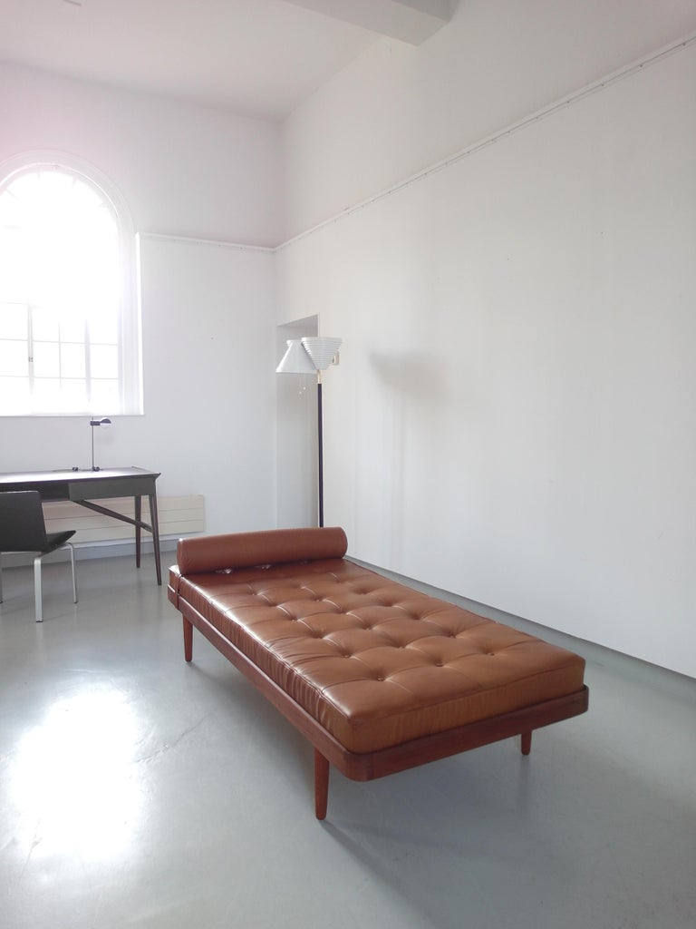 Solid Teak Danish Daybed with Cognac Aniline Leather Mattress Denmark