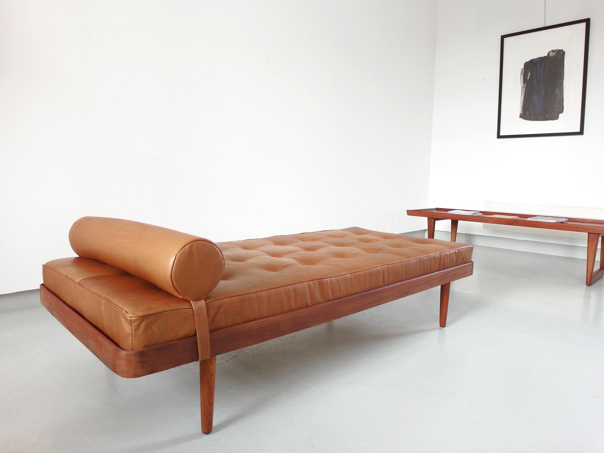 Mid-20th Century Solid Teak Danish Daybed with Cognac Aniline Leather Mattress Denmark circa 1956
