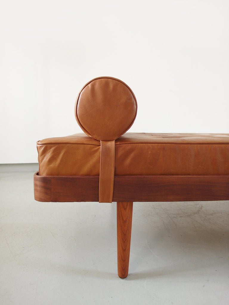 Solid Teak Danish Daybed with Cognac Aniline Leather Mattress Denmark