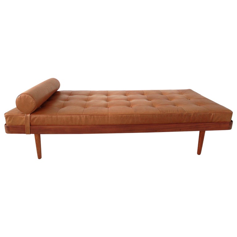 Solid Teak Danish Daybed with Cognac Aniline Leather Mattress Denmark