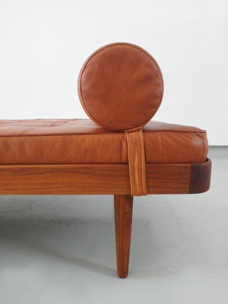 Solid Teak Danish Daybed with Cognac Leather Mattress, Denmark, circa