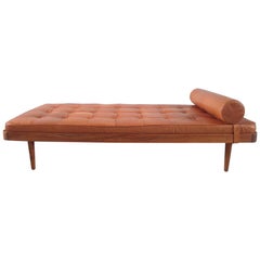 Solid Teak Danish Daybed with Cognac Leather Mattress, Denmark, circa 1956