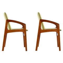Vintage Solid Teak Danish Modern Kai Kristiansen Style Armchairs with New Green Fabric