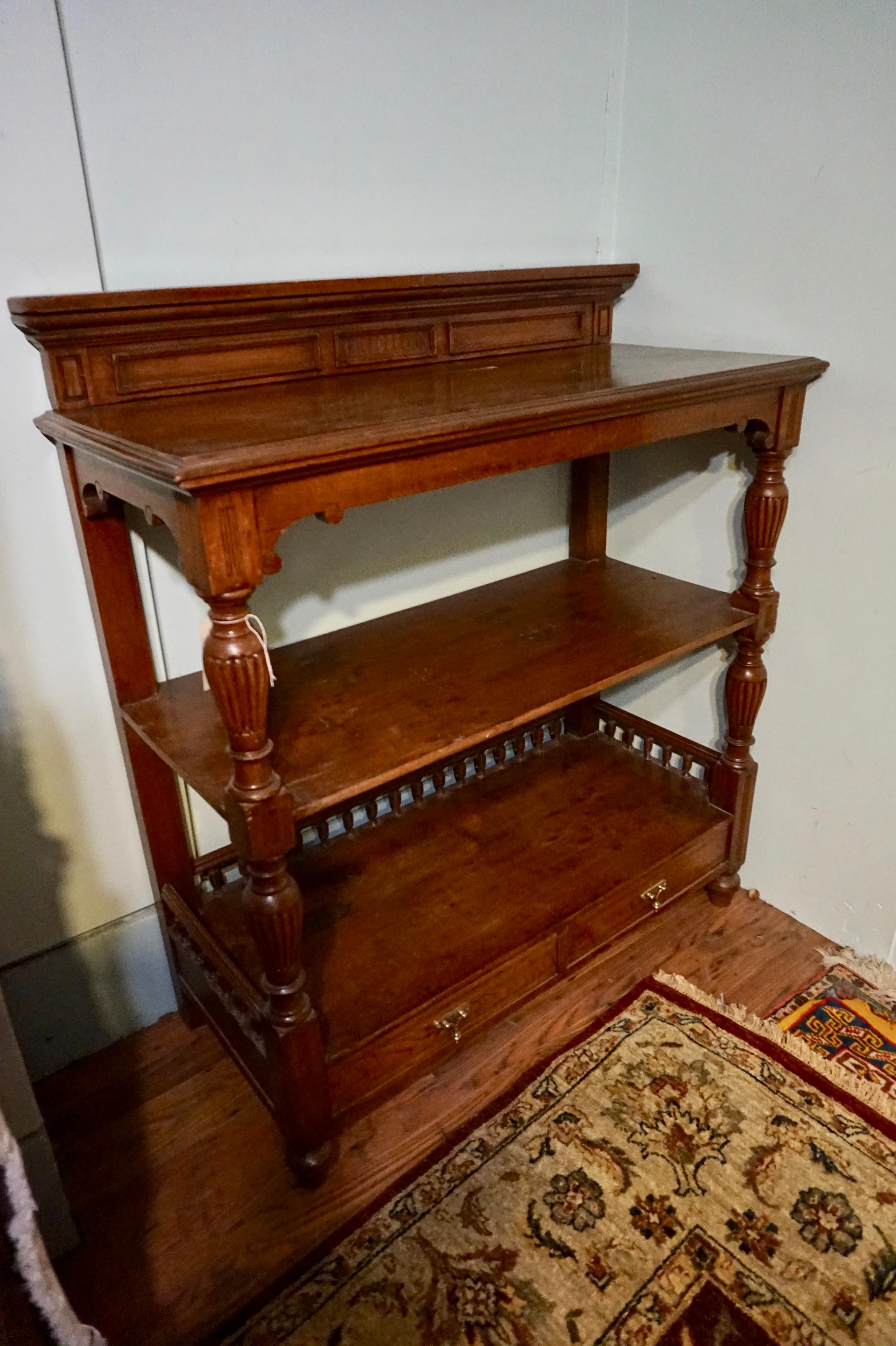 British Colonial Solid Teak Hand Carved Colonial Whatnot Rack with Shelves & Drawers For Sale
