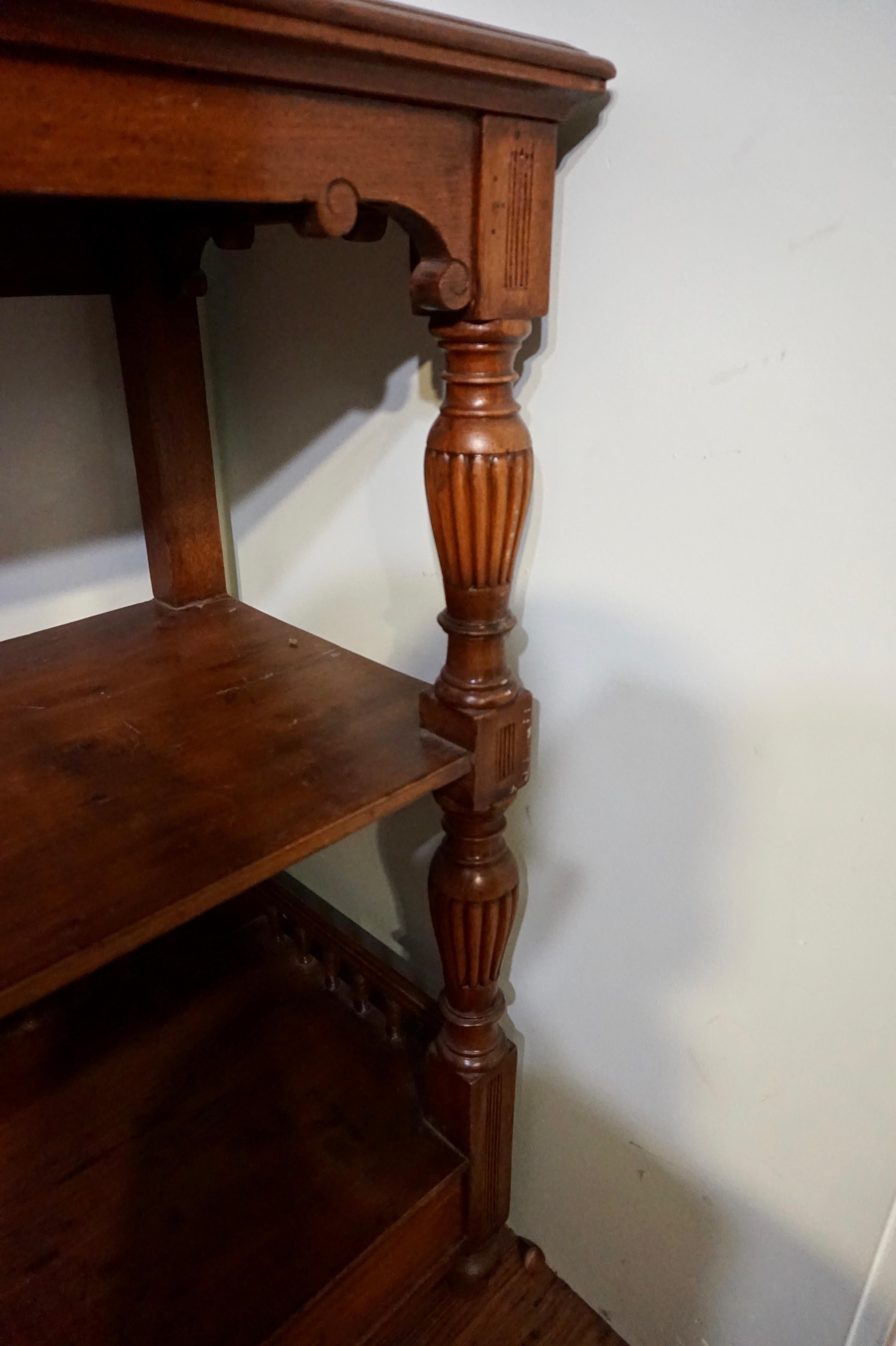 Solid Teak Hand Carved Colonial Whatnot Rack with Shelves & Drawers For Sale 2