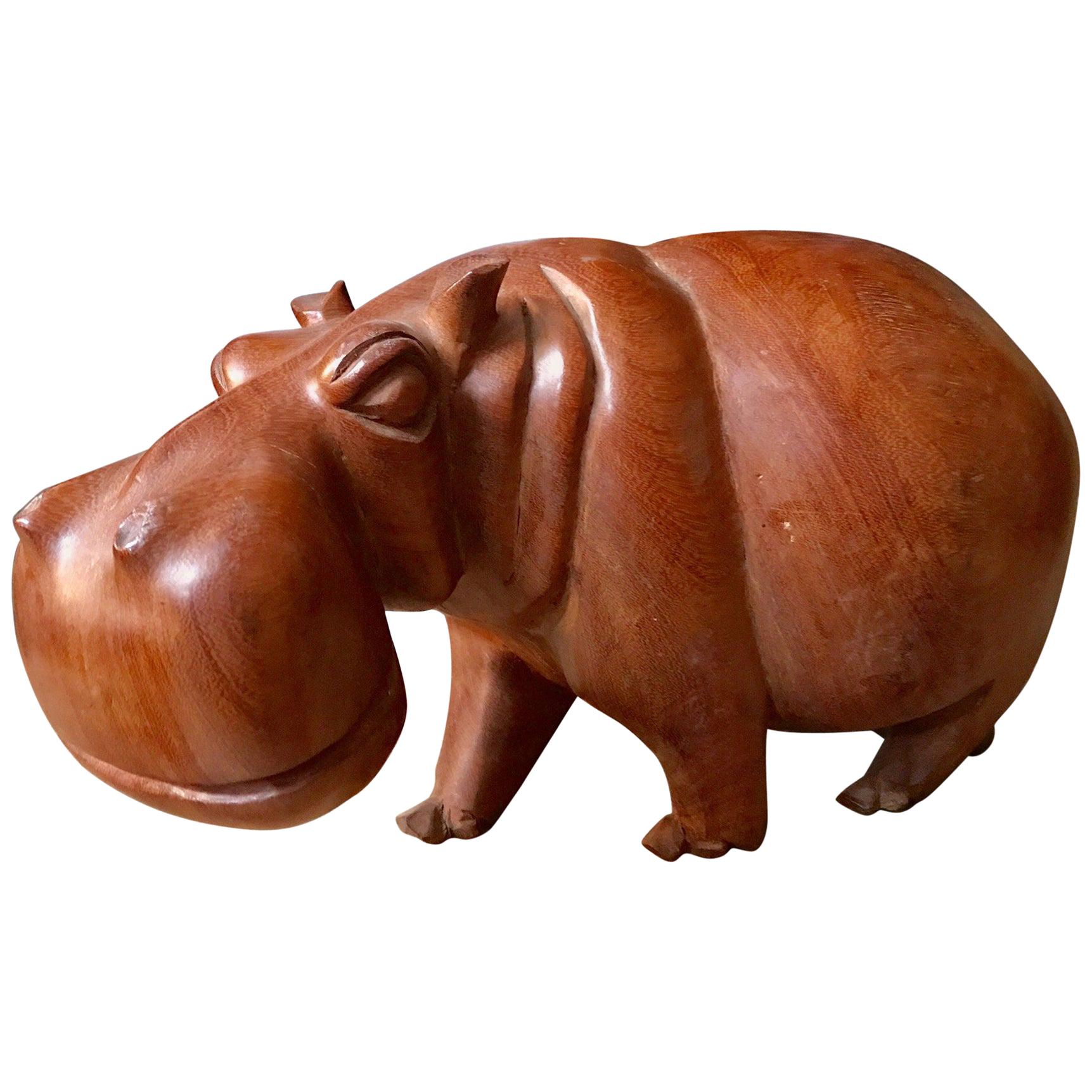 Solid Teak Hand Carved Hippopotamus Sculpture For Sale