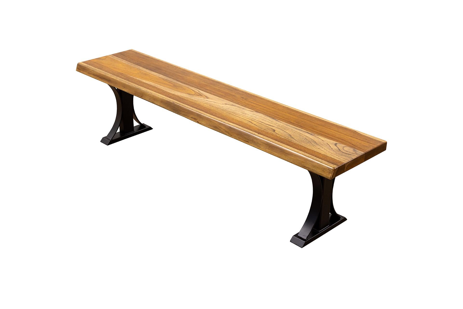 Contemporary Solid Teak Live Edge Bench with Metal Legs For Sale