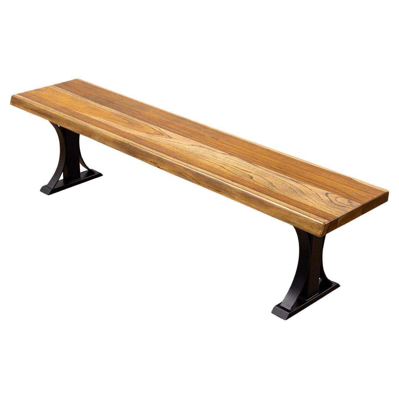 Solid Teak Live Edge Bench with Metal Legs For Sale