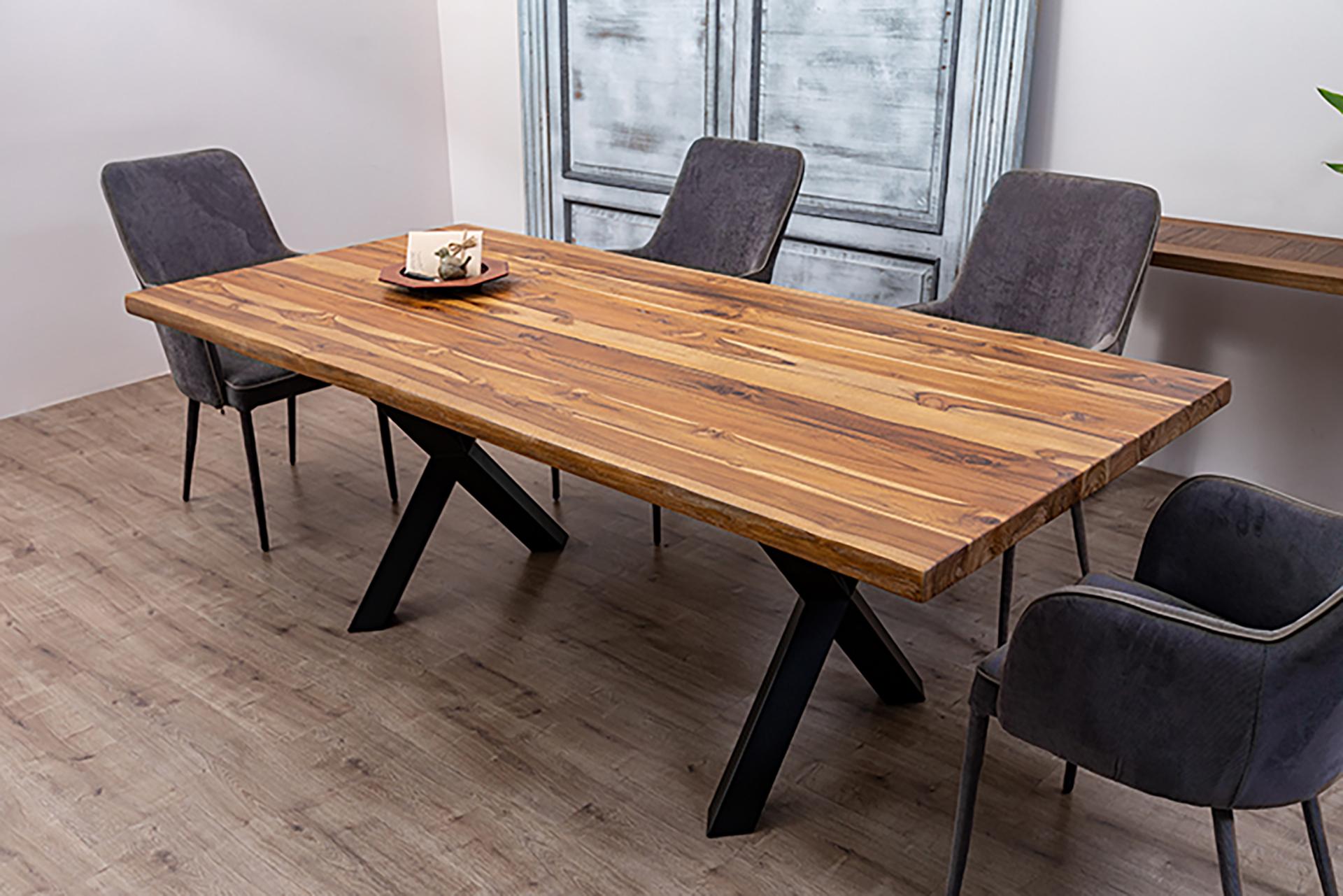 Contemporary Solid Teak Live Edge Table with Metal Legs For Sale
